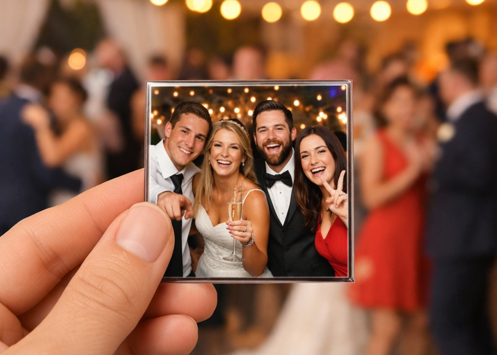 Hand holding a small square magnet showing a group of people at a party.