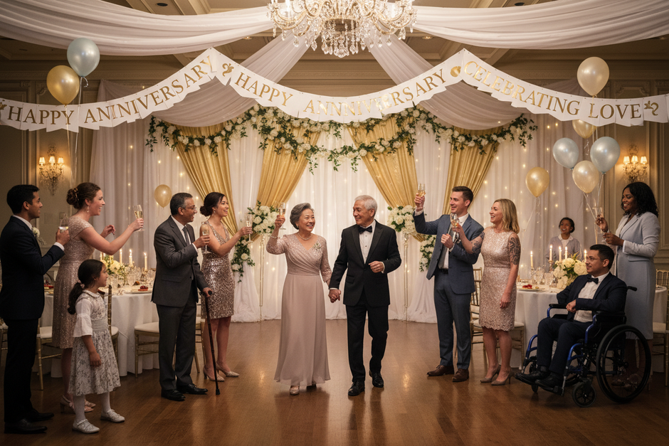 Family and friends celebrating a wedding anniversary at a decorated indoor event venue, representing a private celebration ideal for a live photo magnet experience.