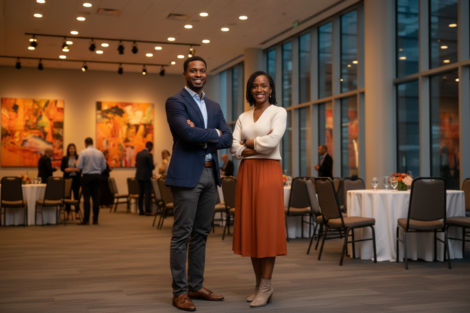 Professionals standing at a corporate networking event in a modern venue, representing events suited for a live photo magnet experience.