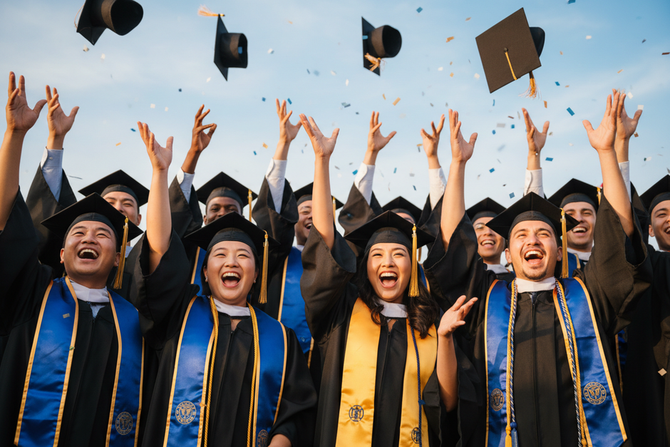 Graduates celebrating at a graduation ceremony, representing events ideal for a live photo magnet making experience at private celebrations.