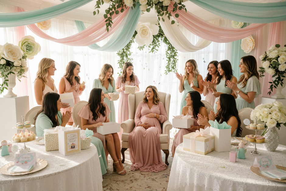 guests at a baby's shower with the honoree