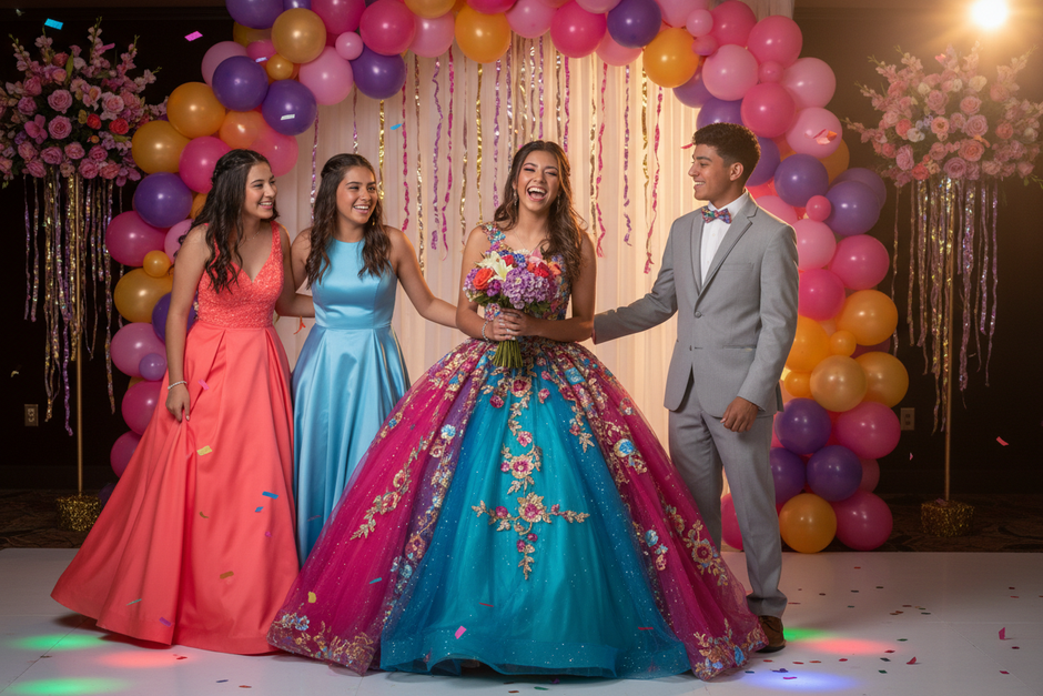 Teen celebrating a quinceañera with friends and formal attire under a balloon backdrop, representing a private celebration ideal for a live photo magnet experience.